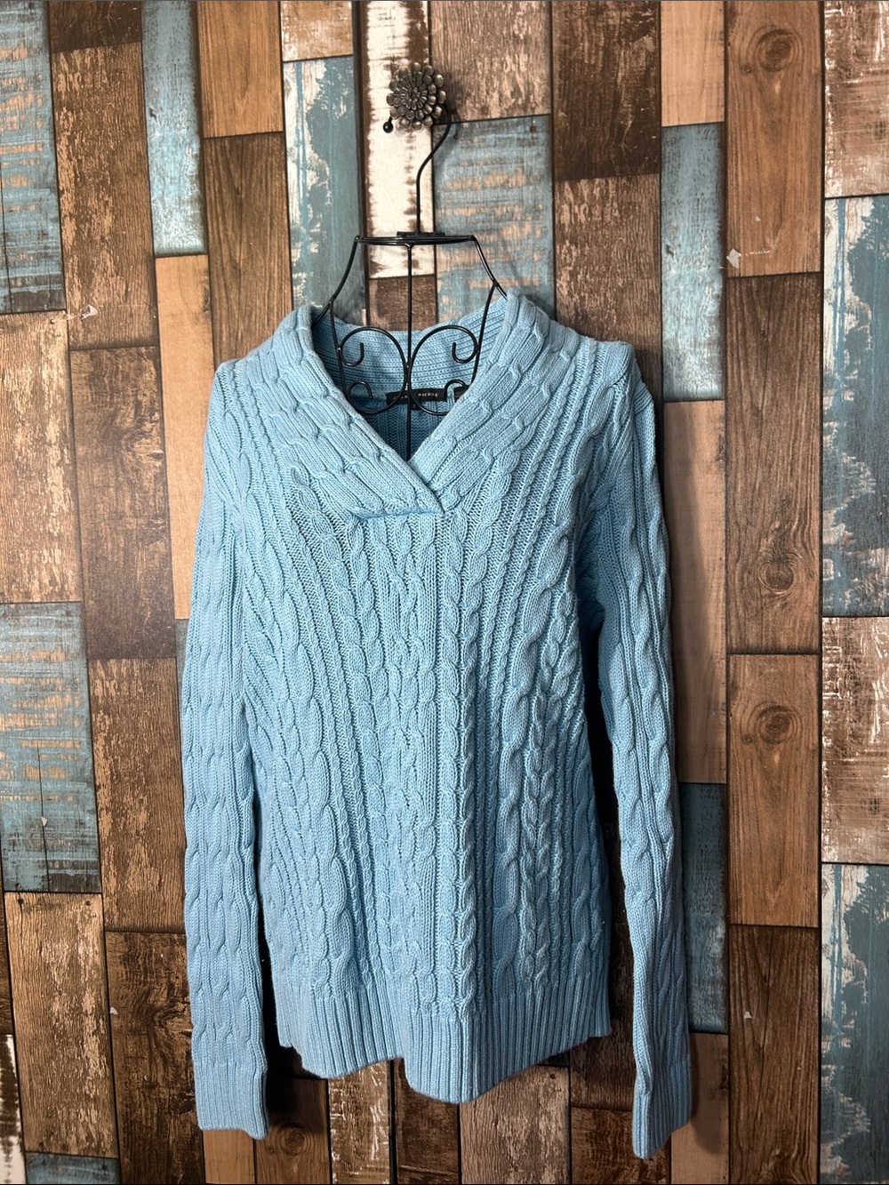 JEANNE PIERRE Light Blue Cable-Knit Cowl Sweater